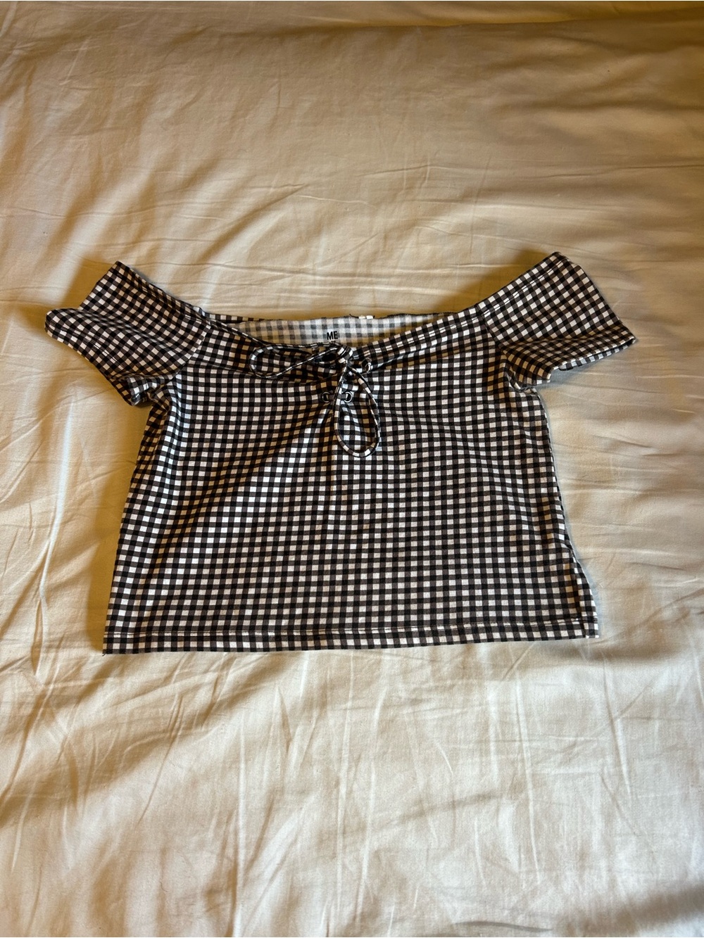 Me to We Black and White Gingham Off-Shoulder Tie-Front Crop Top